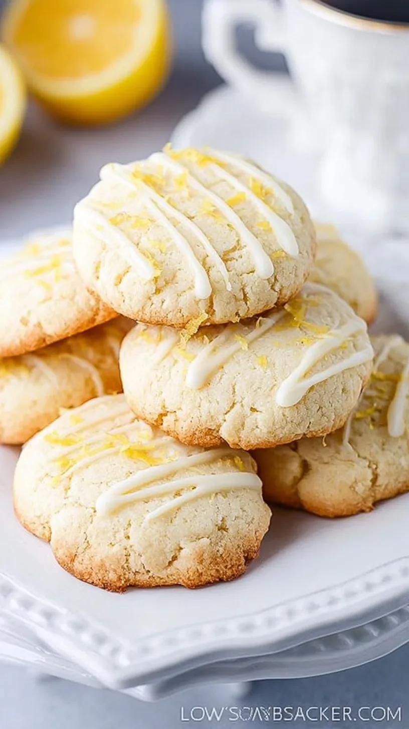 A stack of soft, golden keto lemon cookies on a white plate with lemon zest