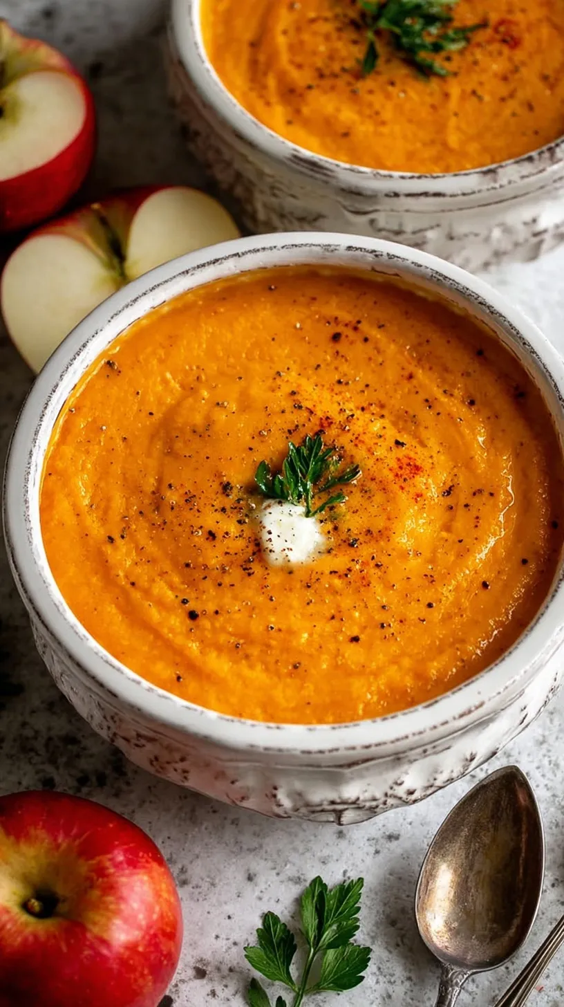 A vibrant bowl of orange Carrot Apple Ginger Soup topped with fresh herbs