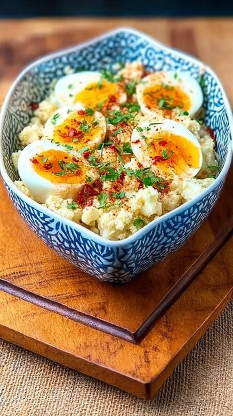 A bowl of creamy cauliflower potato salad garnished with fresh dill and smoked paprika