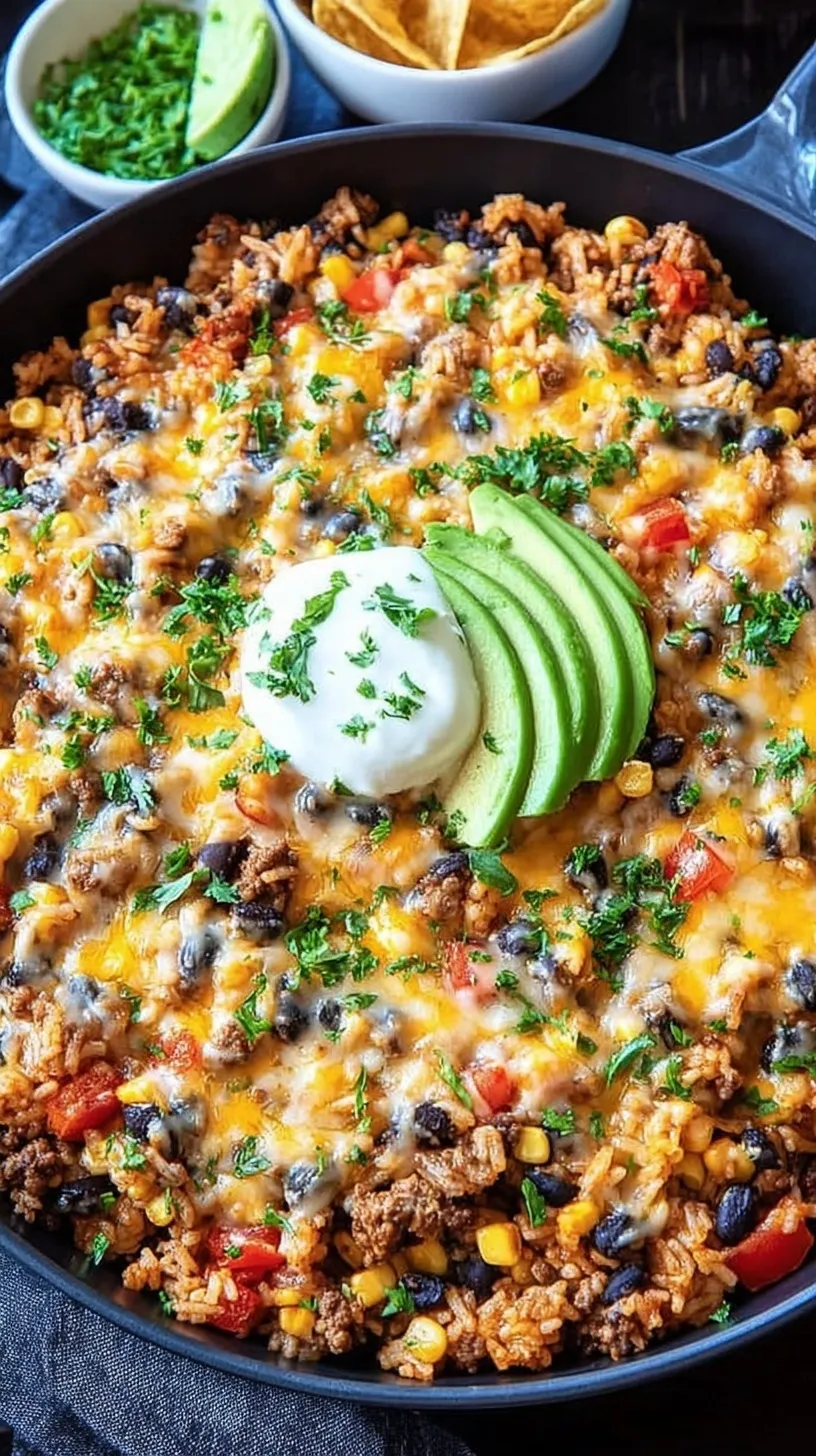 A bubbling skillet of taco rice topped with melted cheddar cheese and fresh cilantro