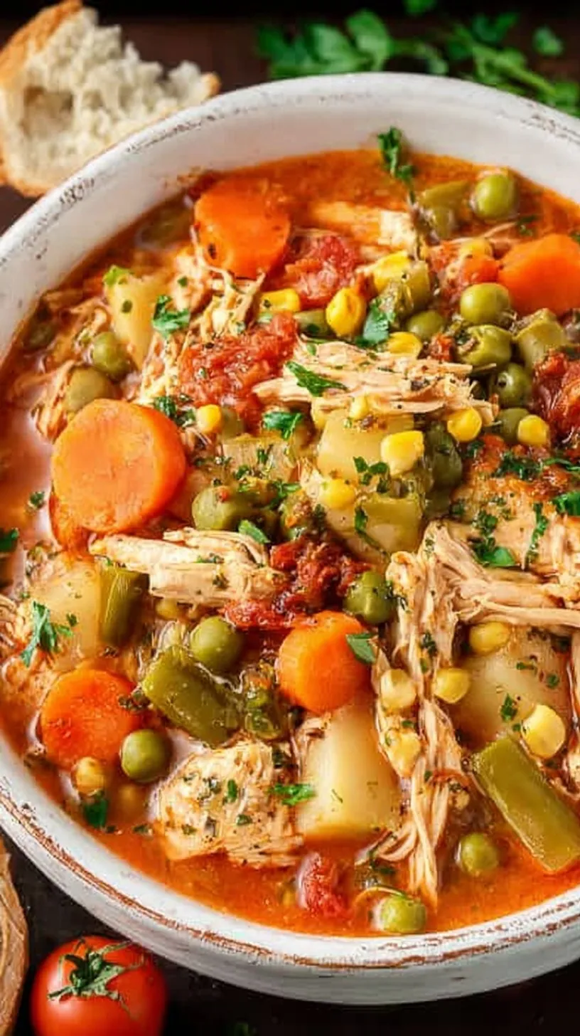 A steaming bowl of chicken vegetable soup with carrots, peas, and fresh parsley