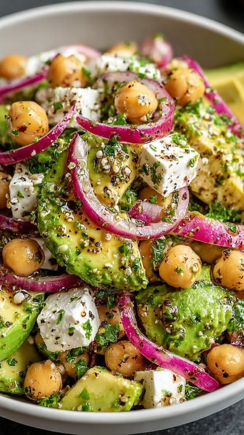 A bright bowl of chickpea feta avocado salad with fresh parsley and lemon dressing
