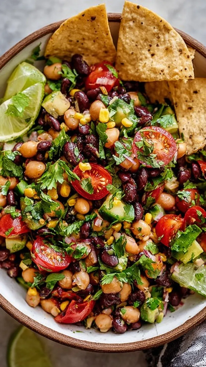 A colorful bean salad with black beans, corn, red peppers, and lime dressing in a white bowl.