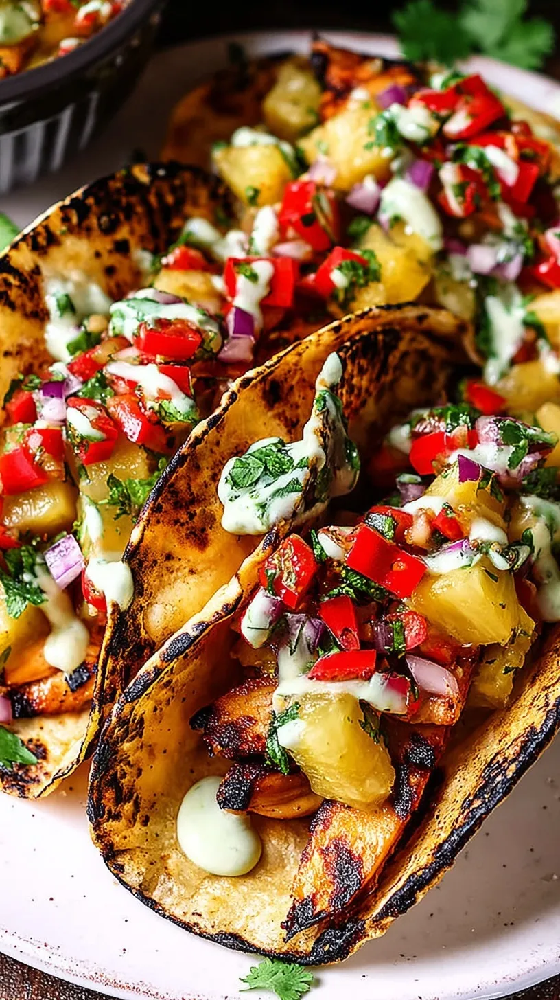 Grilled chili lime chicken tacos topped with charred pineapple salsa and fresh cilantro on corn tortillas.