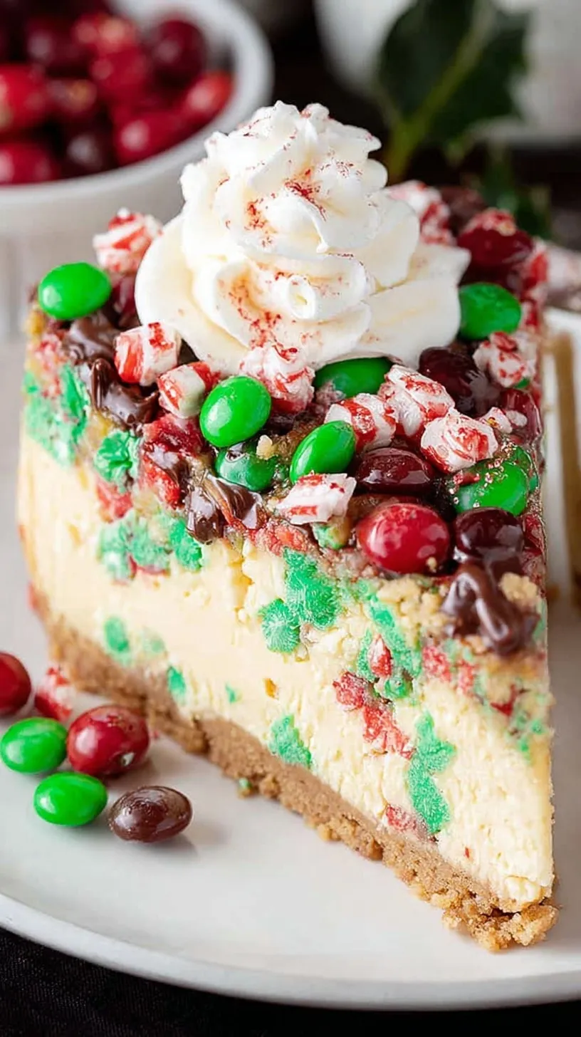 A creamy Christmas cheesecake topped with bright red cranberry orange compote and orange zest.