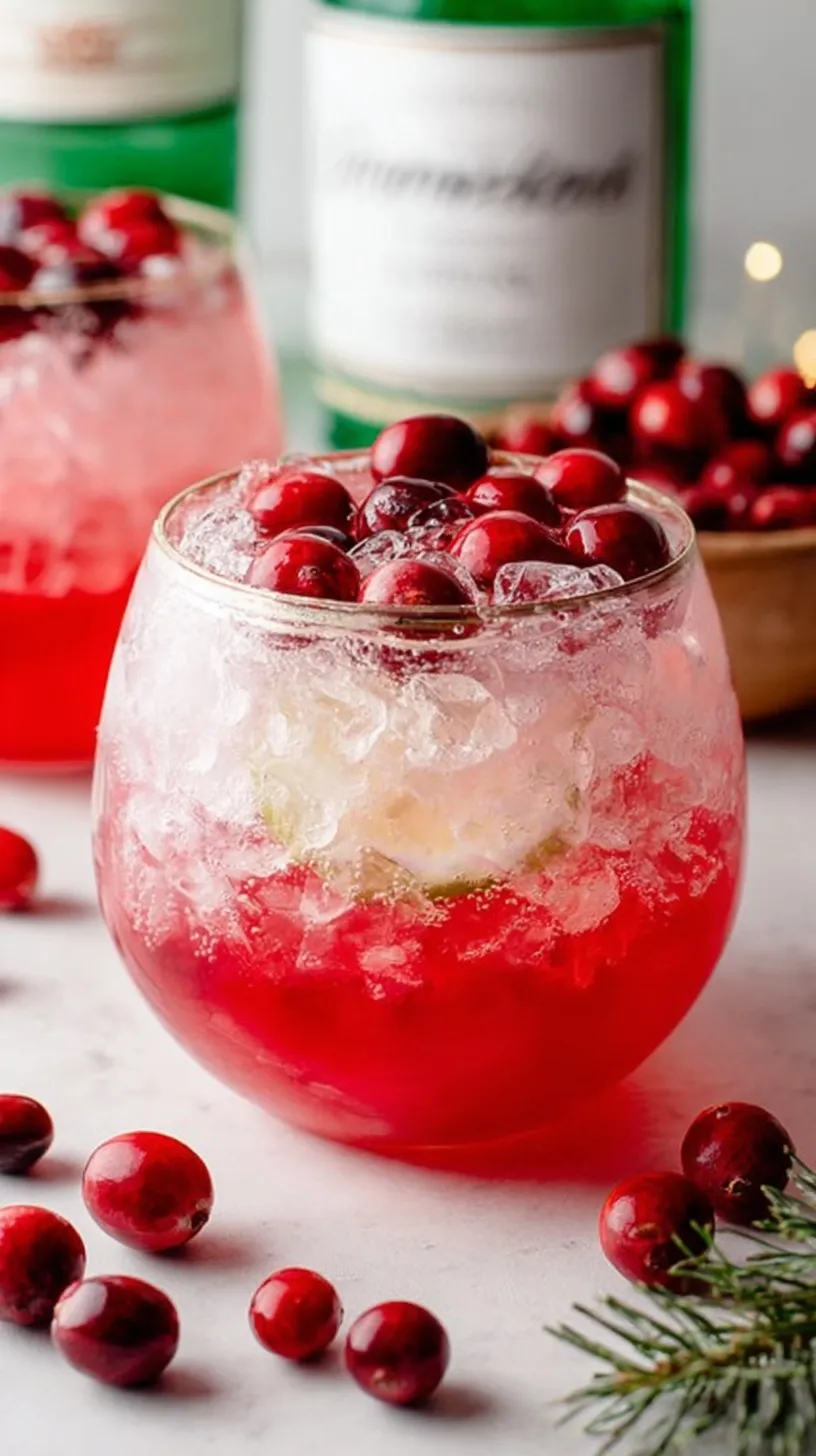 A vibrant red Christmas Gin Cocktail garnished with a rosemary sprig, fresh cranberries, and an orange wheel in a highball glass.