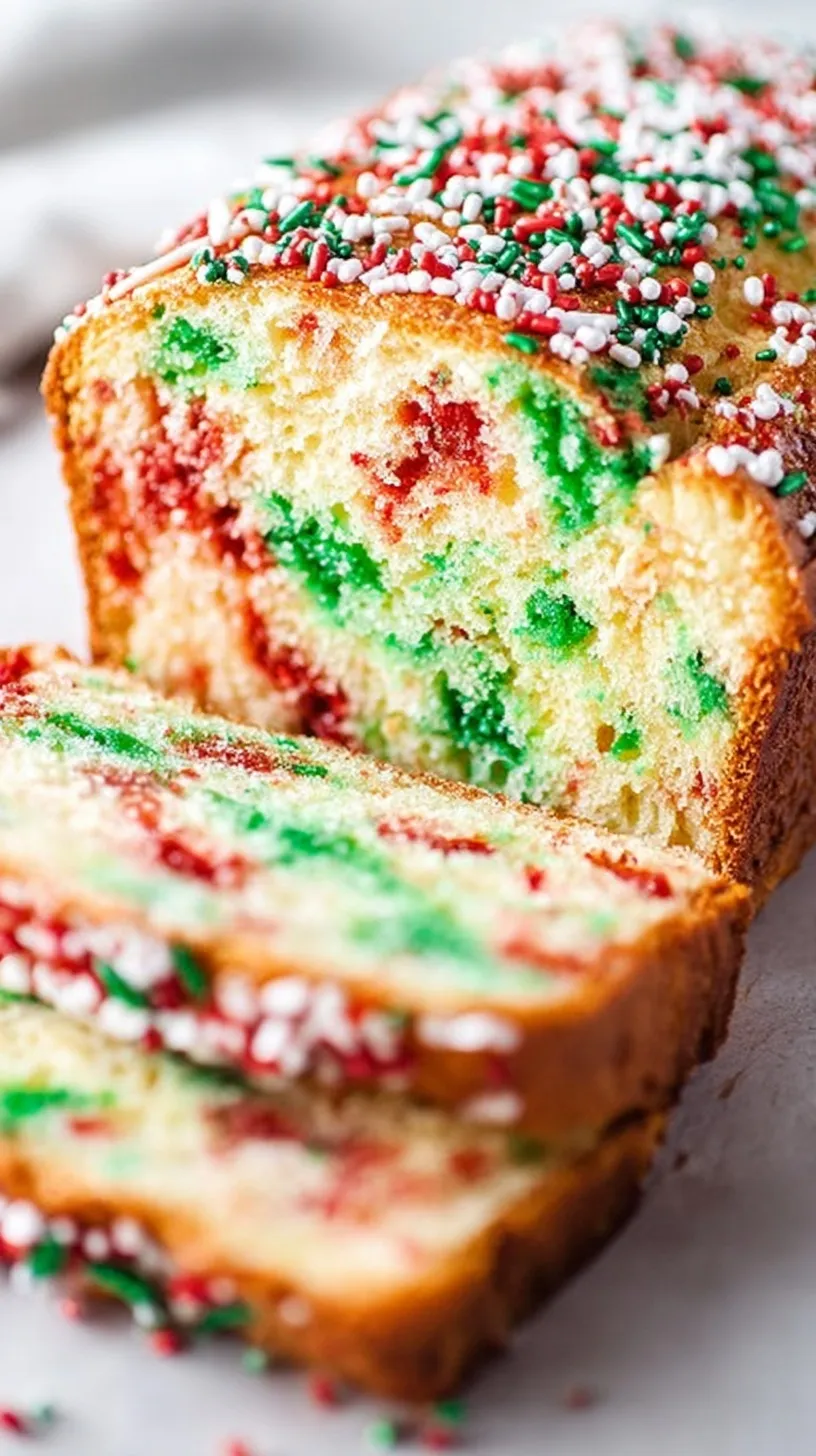 A loaf of golden buttermilk bread topped with festive red and green Christmas sprinkles