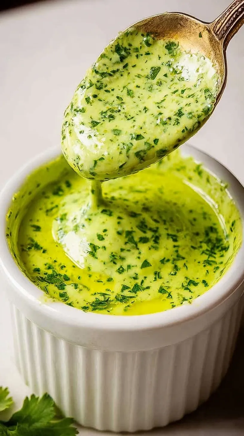 A small white bowl filled with creamy green cilantro lime sauce next to fresh lime slices and cilantro sprigs.