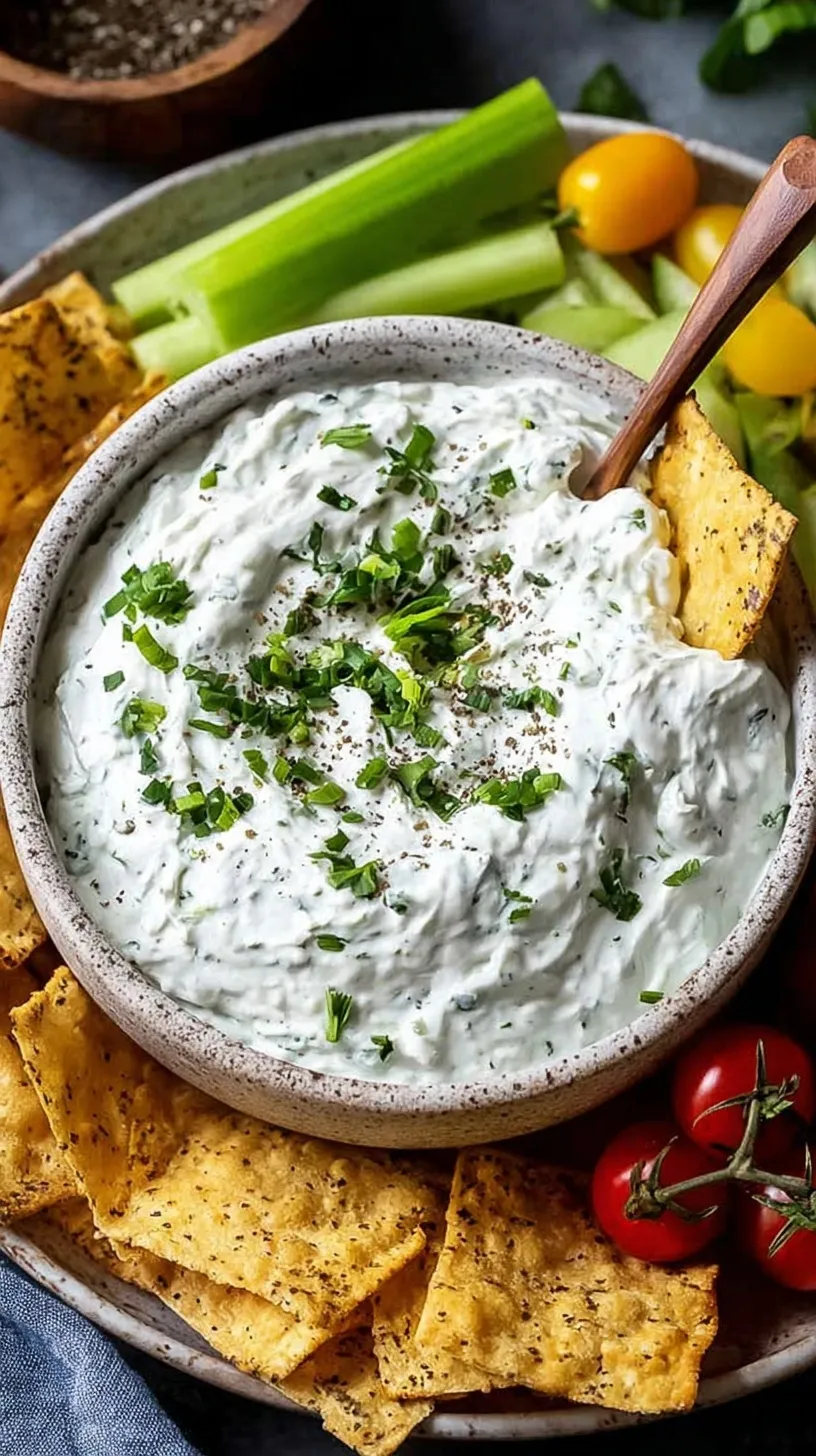 A bowl of smooth, herb-flecked cottage cheese dip served with fresh vegetable sticks.