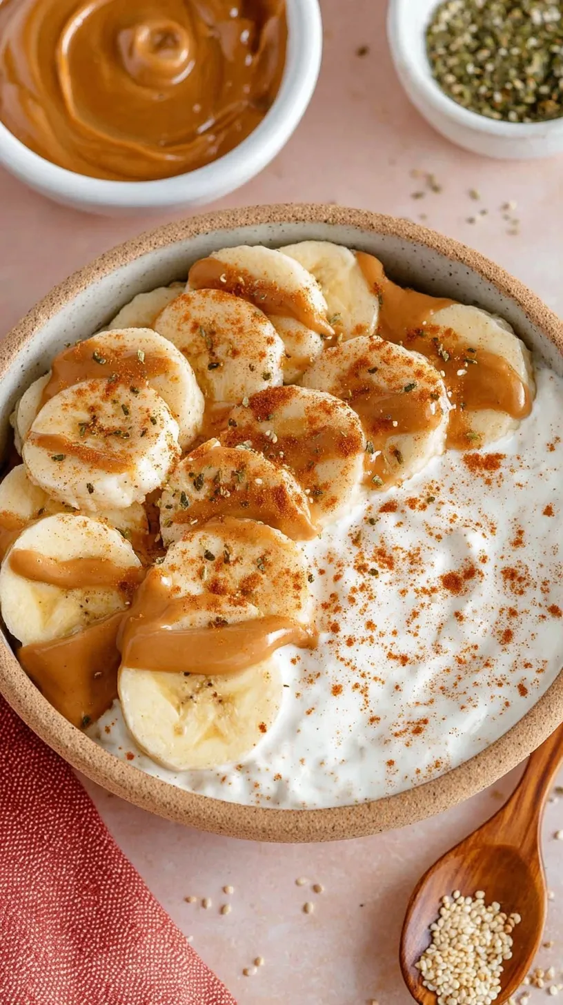 A creamy cottage cheese peanut butter bowl topped with fresh blueberries, crushed peanuts, and chia seeds.