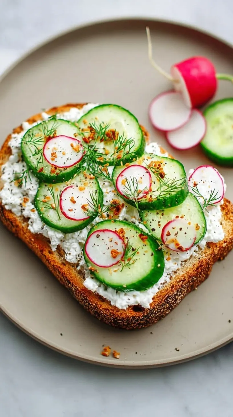A slice of golden sourdough toast topped with creamy cottage cheese and fresh chives.