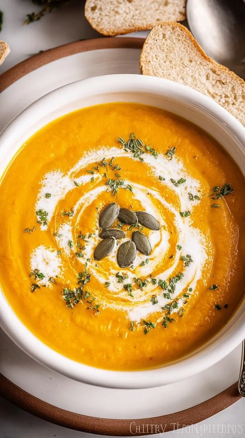 A bowl of creamy pumpkin soup topped with a cream drizzle and pumpkin seeds