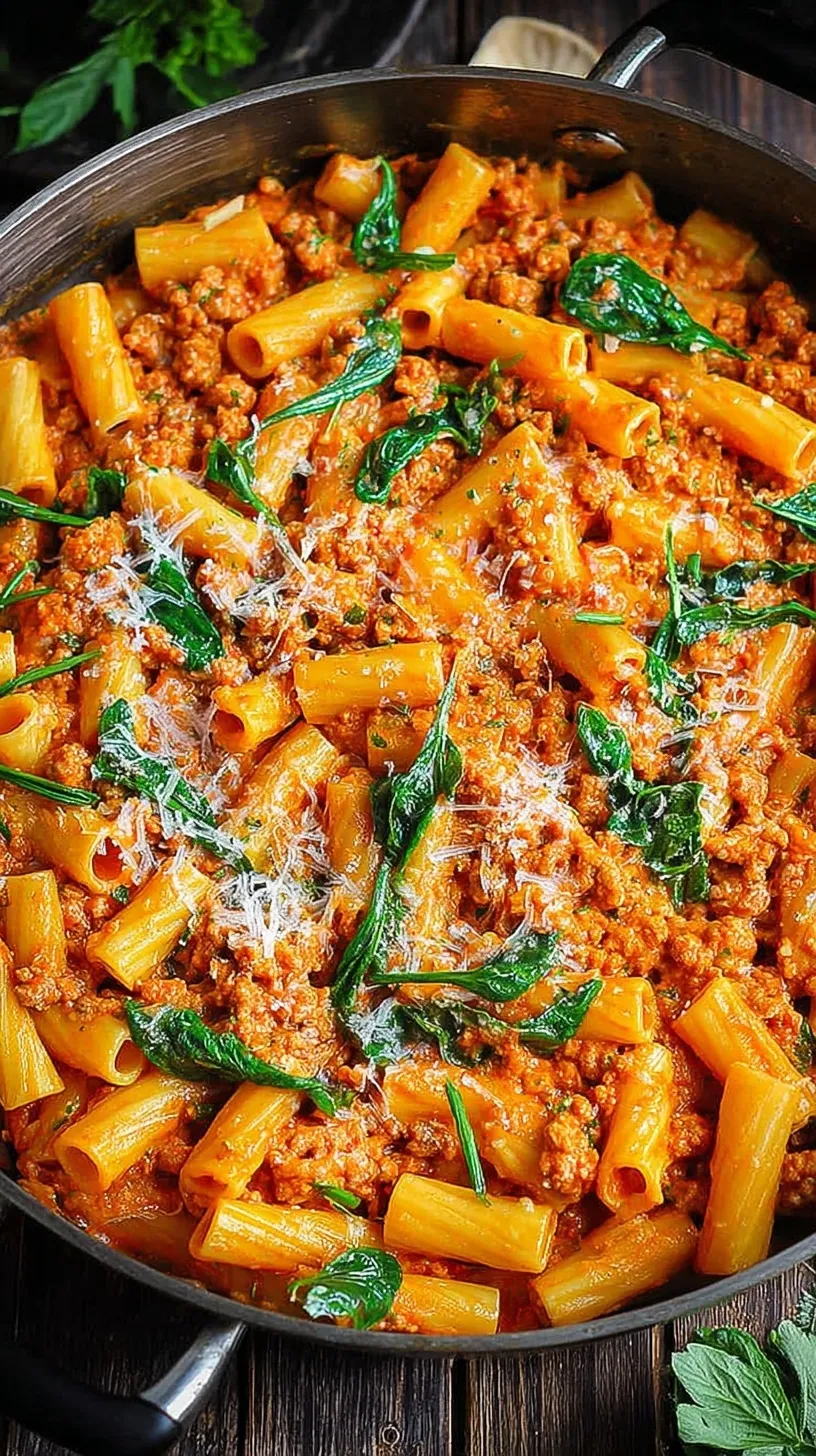 A skillet of creamy sausage rigatoni with fresh spinach and parmesan cheese