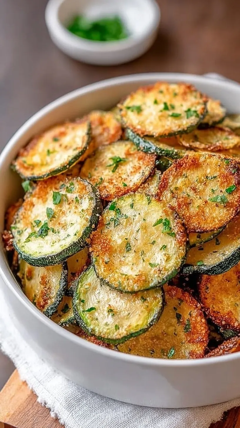A plate of golden brown crispy zucchini chips served with a side of ranch dipping sauce.