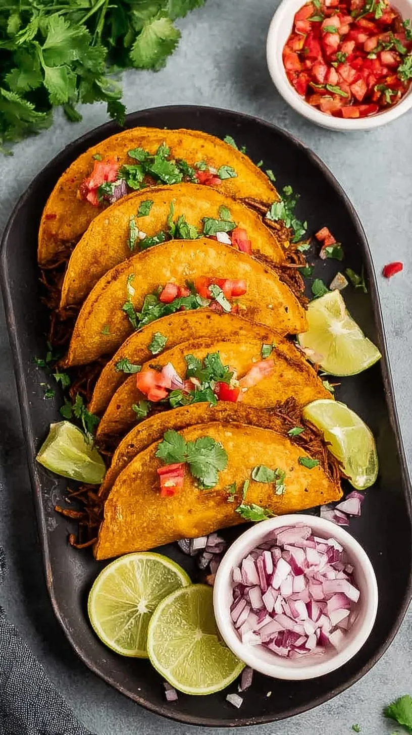 Crispy golden birria tacos on a platter with a bowl of red dipping broth and lime wedges.