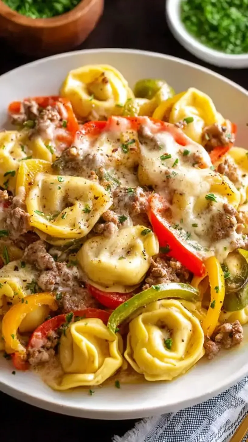 A close up shot of creamy cheese tortellini with sliced beef and green peppers in a slow cooker.
