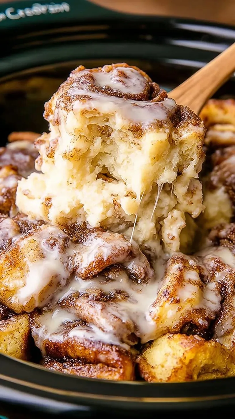 A warm slow cooker filled with golden cinnamon roll pieces topped with white icing glaze.