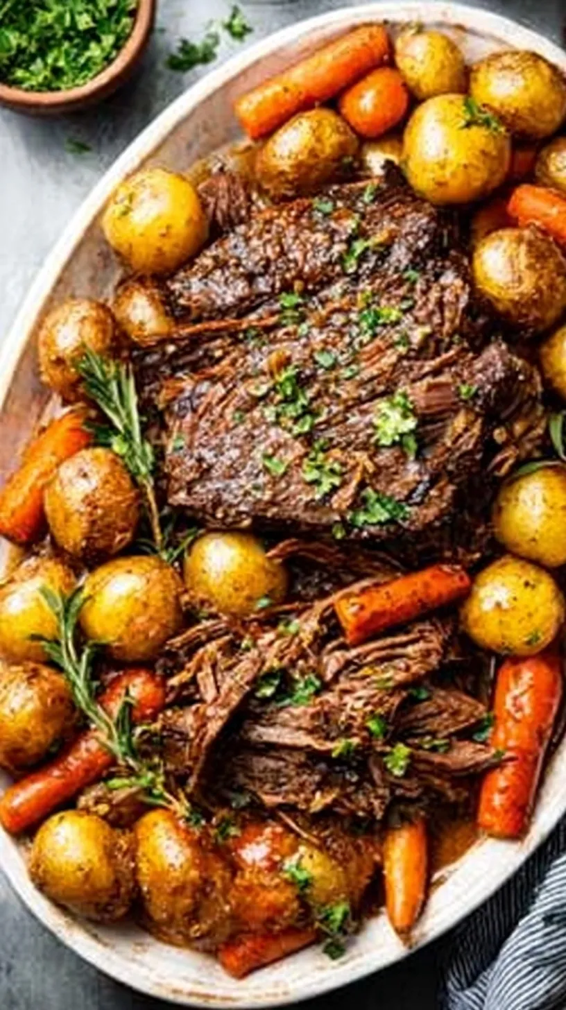 A slow-cooked beef pot roast with carrots and potatoes on a serving platter