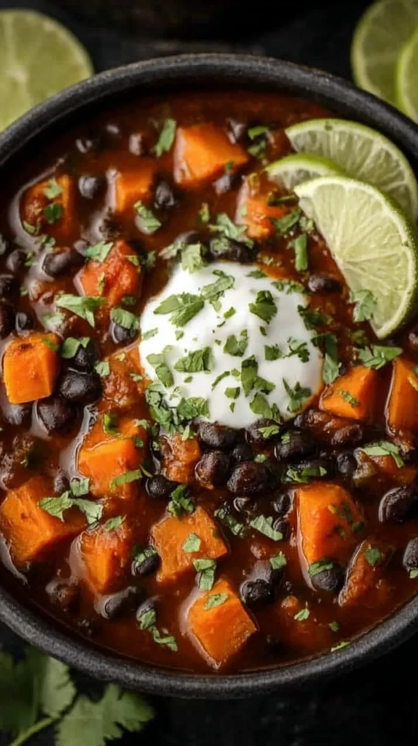 A bowl of thick sweet potato black bean chili topped with avocado and cilantro.