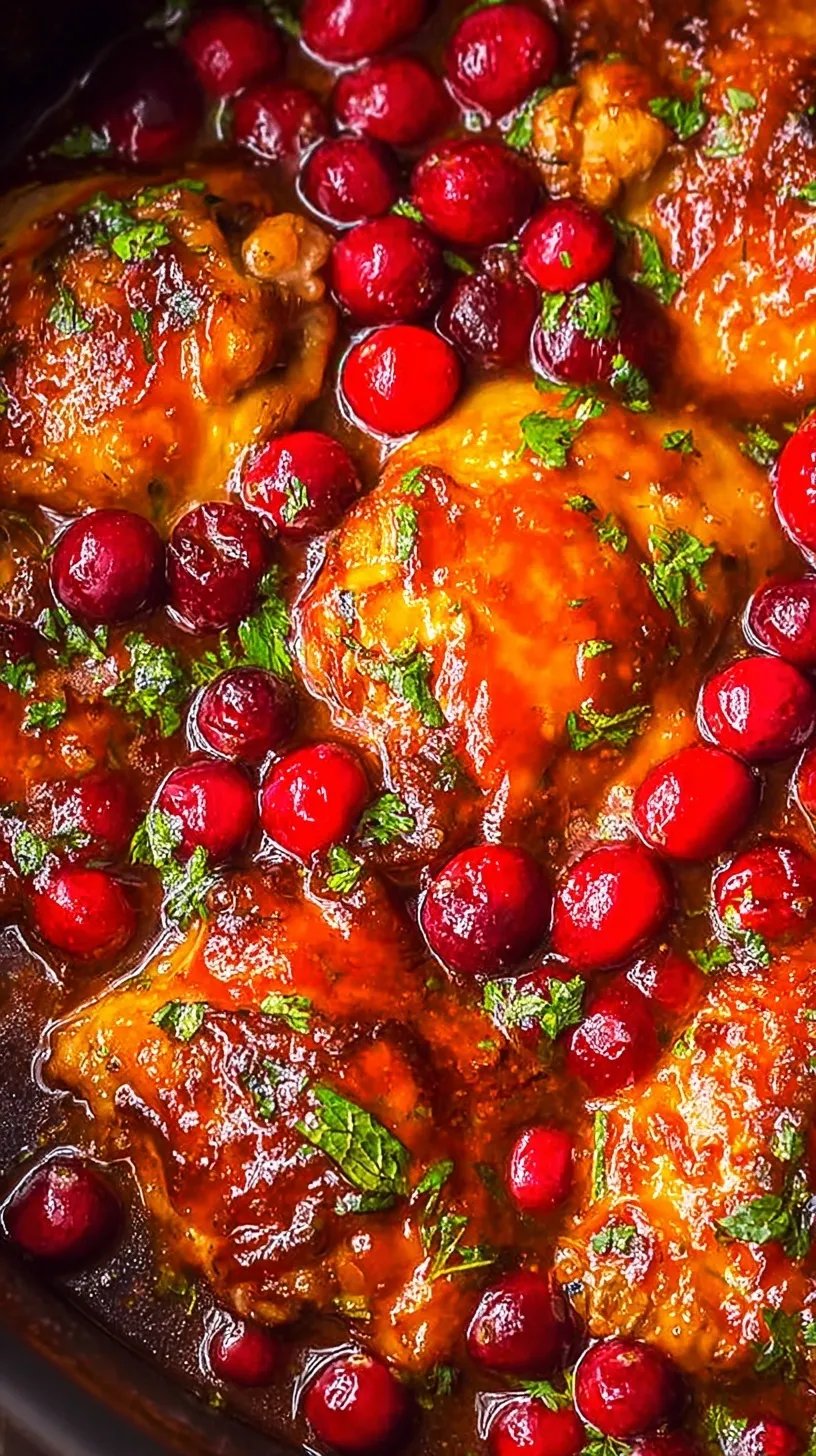 A slow cooker filled with tender chicken breasts coated in a vibrant red cranberry and apricot glaze