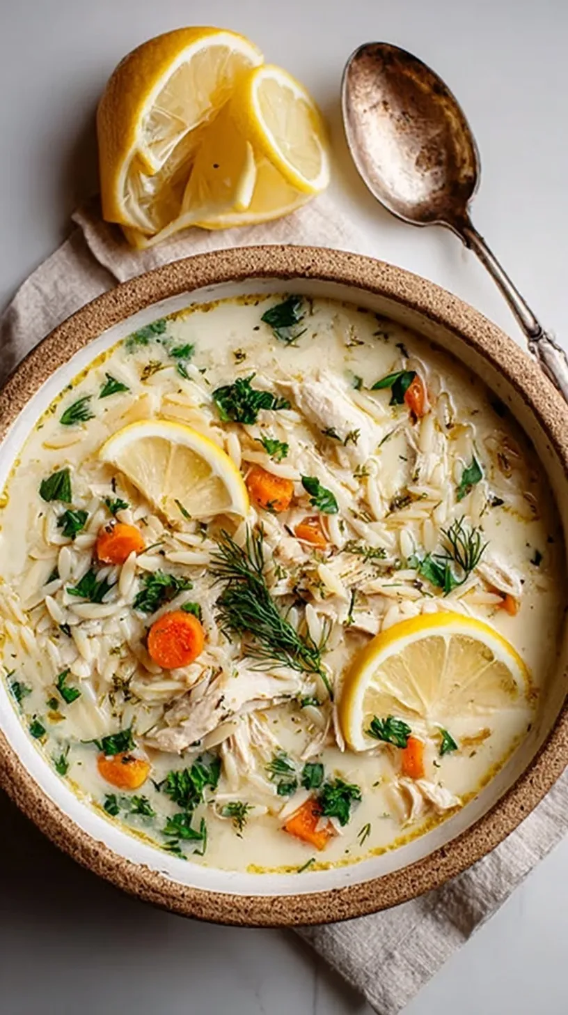 A bowl of creamy lemon chicken orzo soup topped with fresh parsley and parmesan cheese