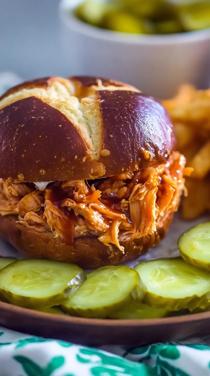 Shredded hot honey chicken on a toasted brioche bun with coleslaw and pickles