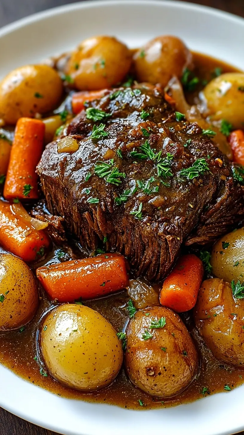 A tender beef pot roast with carrots and potatoes in a savory broth
