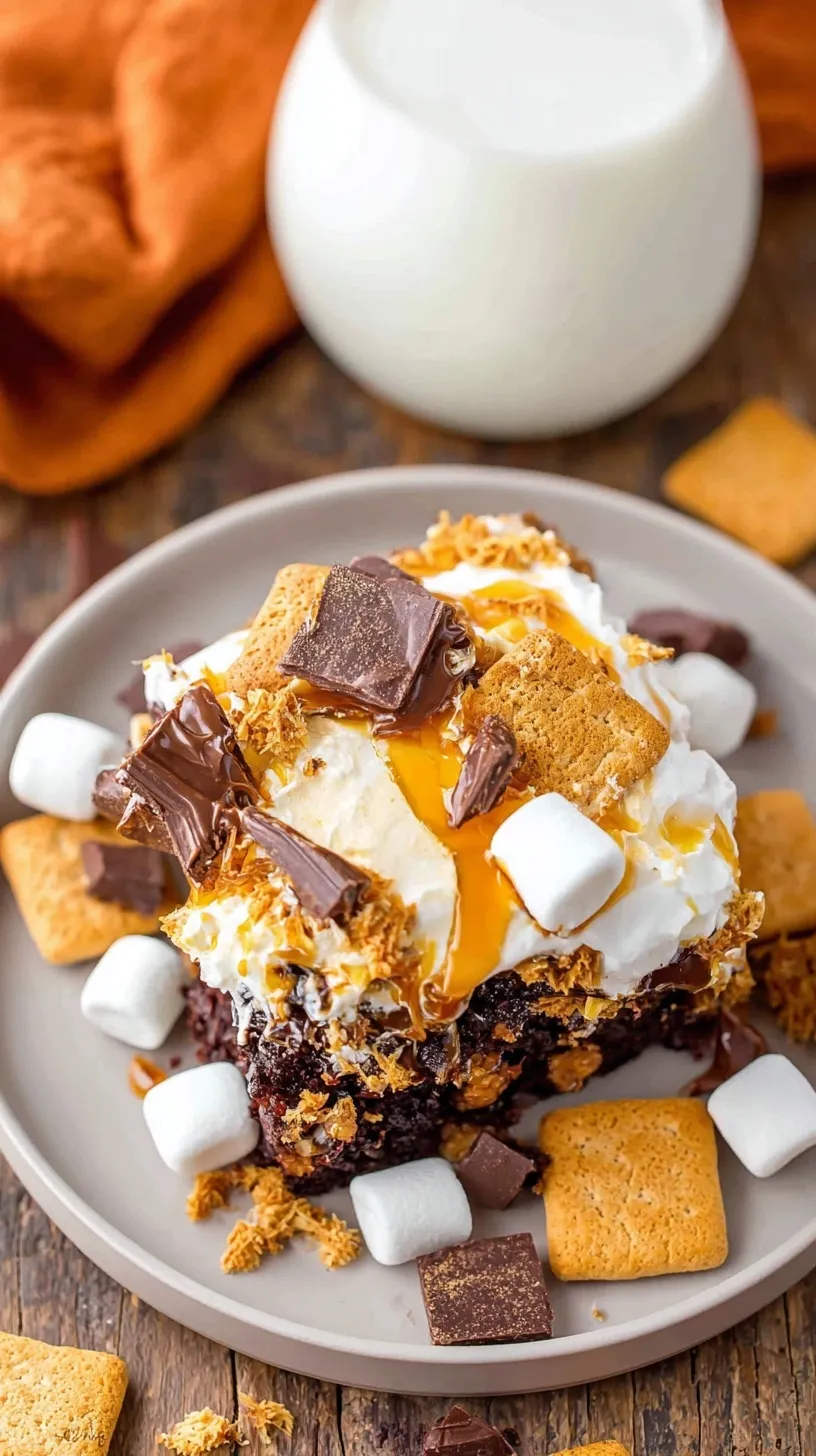 A warm slow cooker filled with chocolate cake, melted marshmallows, and graham cracker pieces.