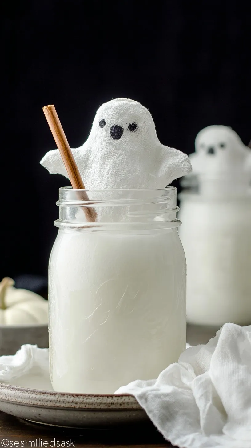 A white creamy cocktail in a martini glass with two chocolate chip eyes resembling a ghost.