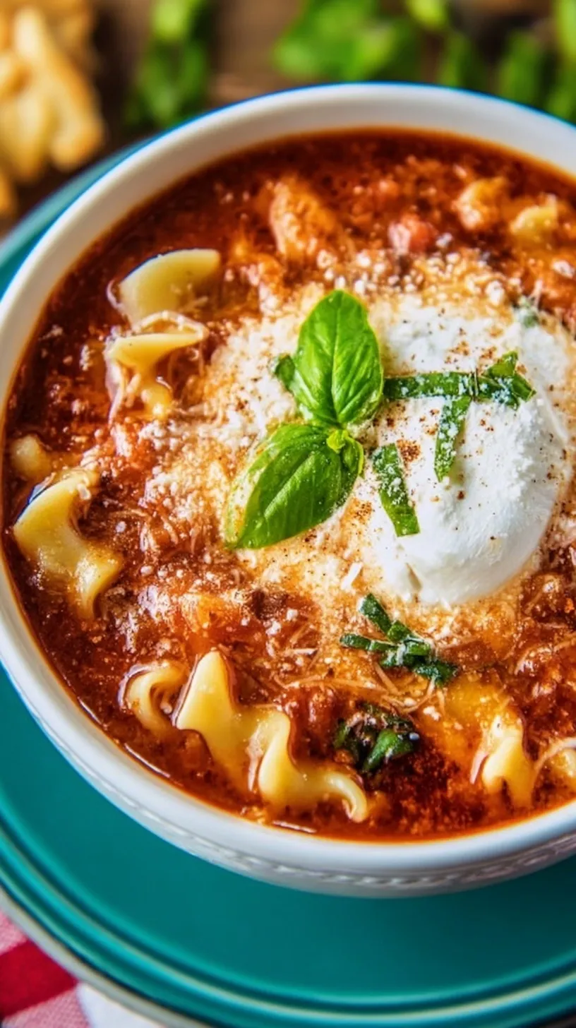 A steaming bowl of lasagna soup topped with a creamy three-cheese dollop and fresh parsley.