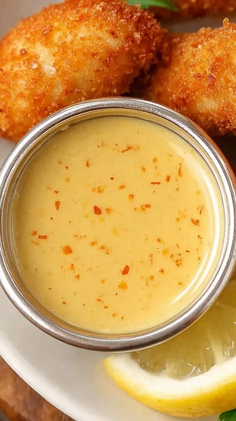 Creamy golden honey mustard sauce in a small glass bowl with a whisk