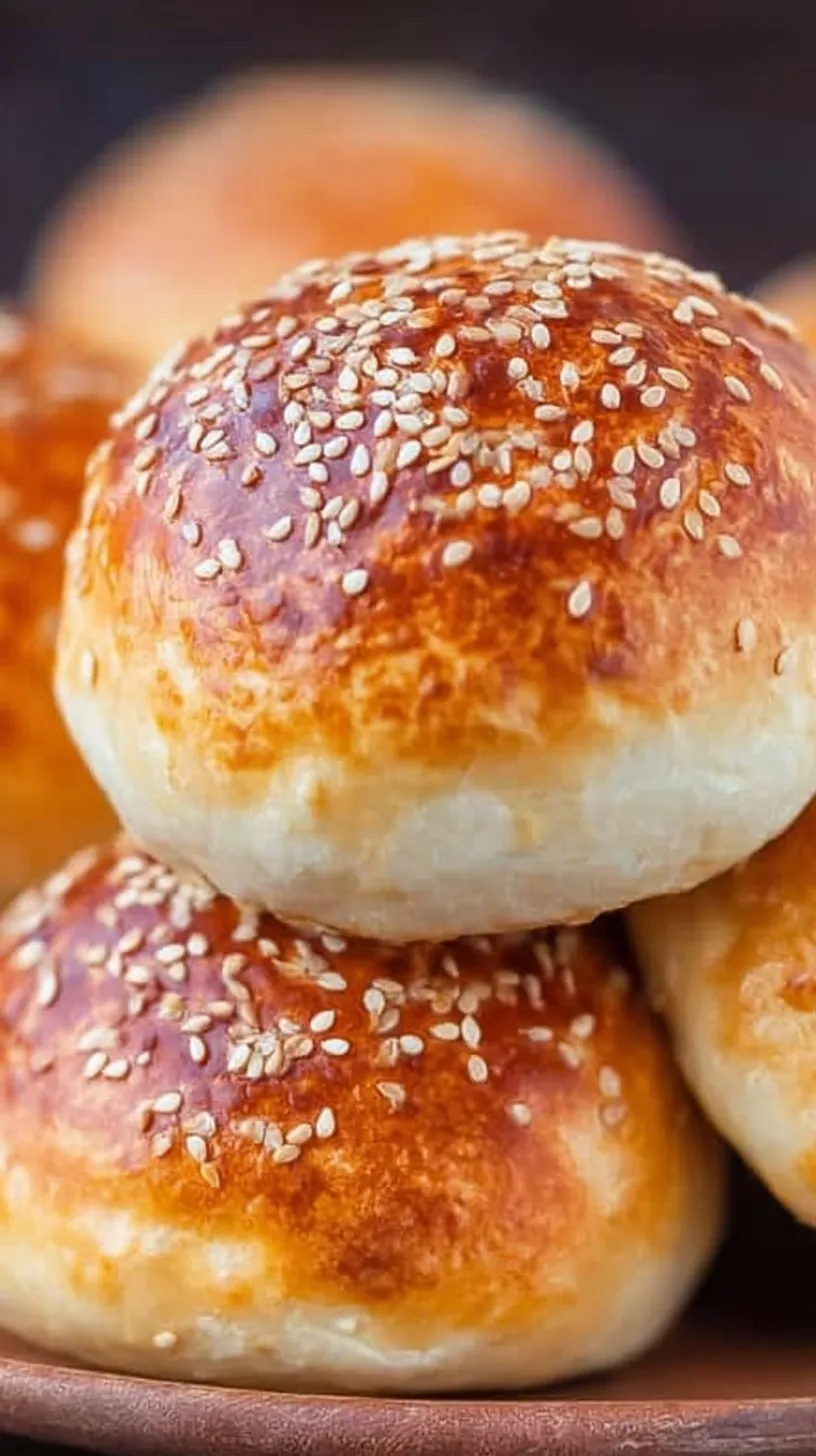 Six golden brown keto buns topped with sesame seeds on a parchment-lined baking sheet.