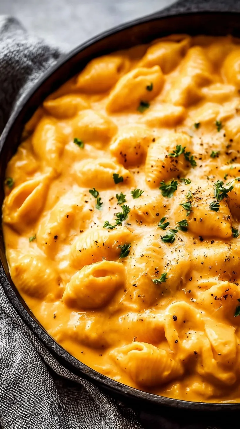 A bowl of creamy orange pumpkin mac and cheese with a sprinkle of black pepper on a wooden table