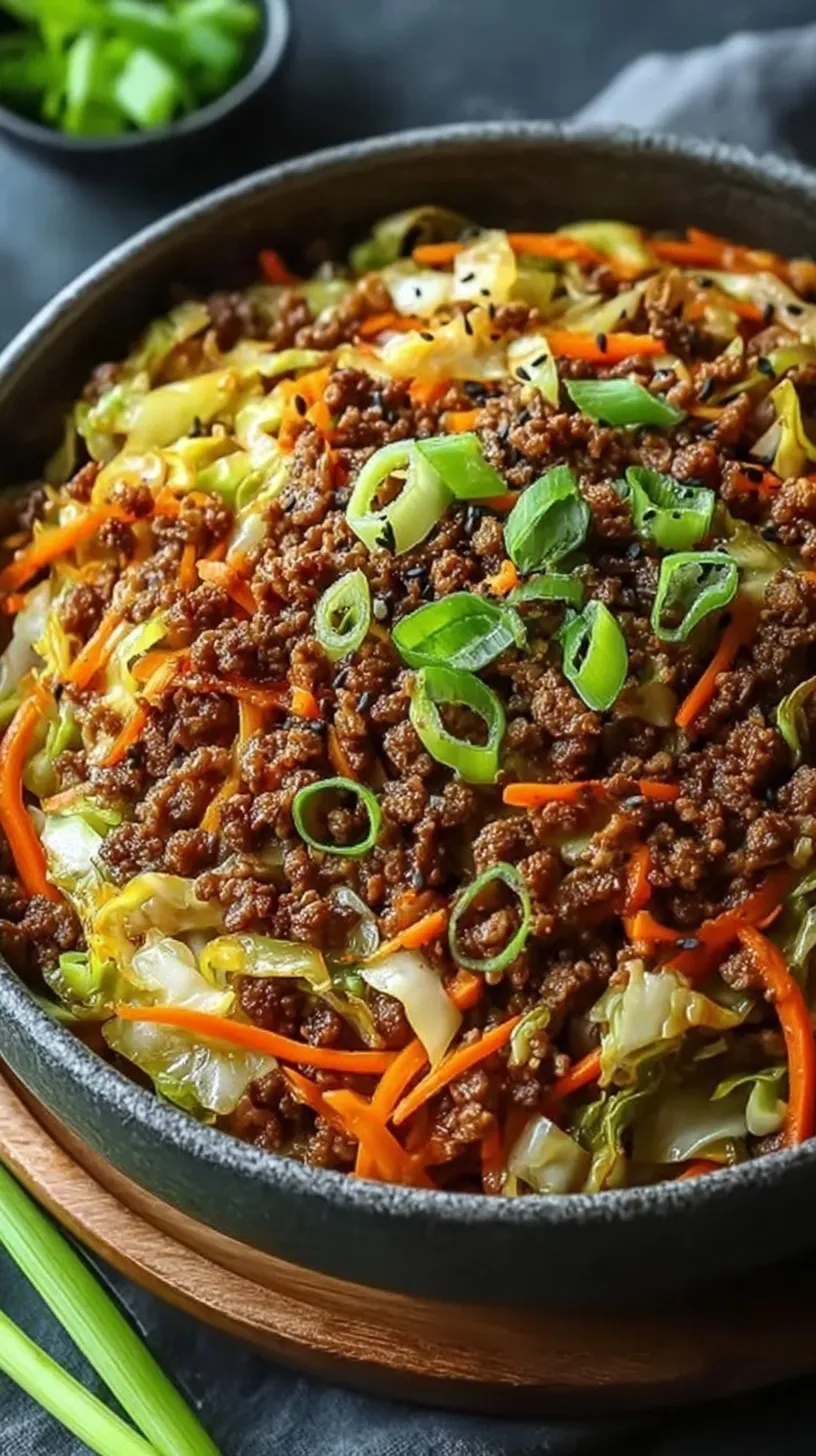 A skillet of ground pork and shredded cabbage egg roll in a bowl garnished with green onions.