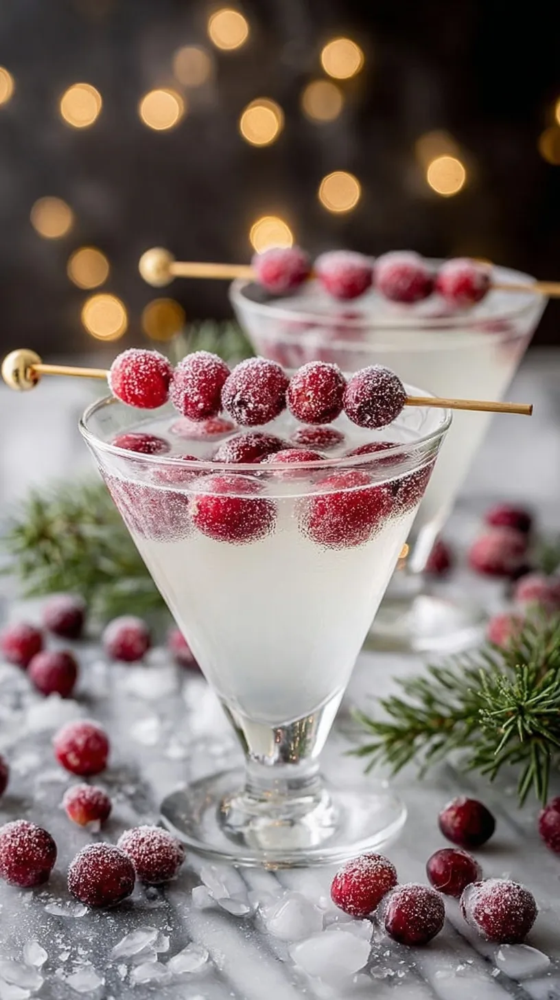 A clear white cranberry vodka cocktail in a chilled glass garnished with fresh red cranberries and a rosemary sprig.