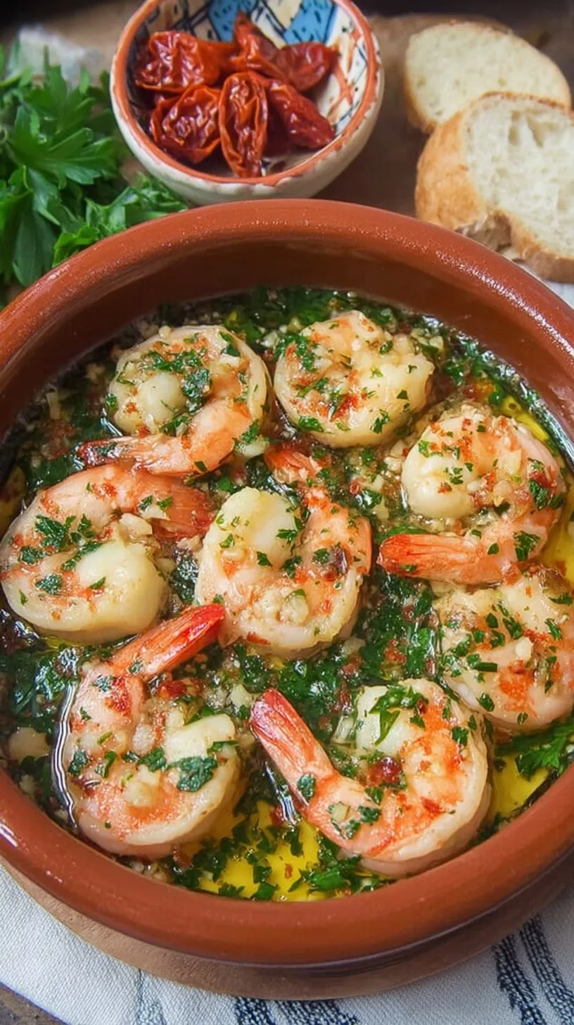 Sizzling Gambas al Ajillo in a skillet with garlic slices and fresh parsley