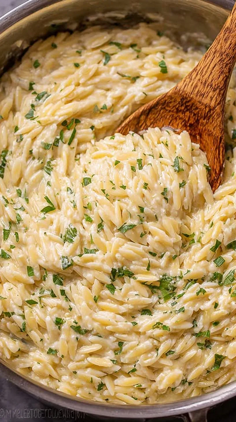 A close up shot of creamy garlic parmesan orzo in a skillet topped with fresh parsley