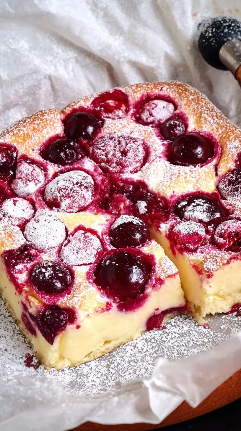 A golden-brown berry clafoutis in a white baking dish topped with fresh blueberries and raspberries.