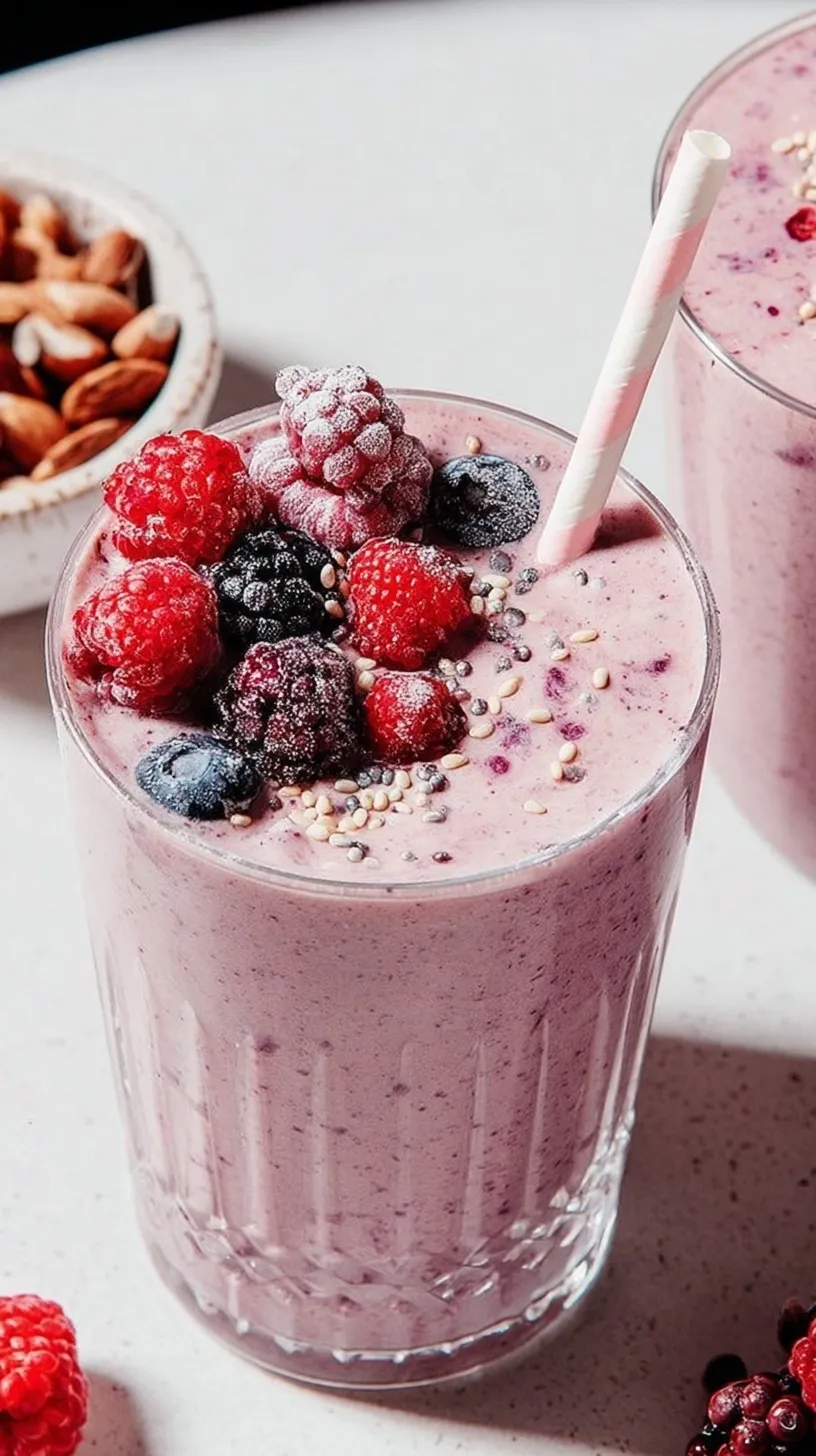 A tall glass of purple blueberry protein smoothie with a straw