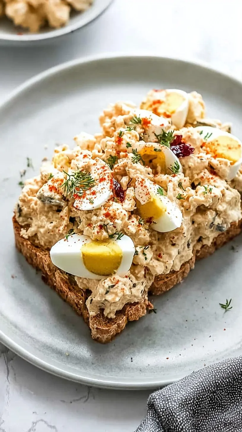A bowl of creamy healthy tuna egg salad with fresh parsley and celery