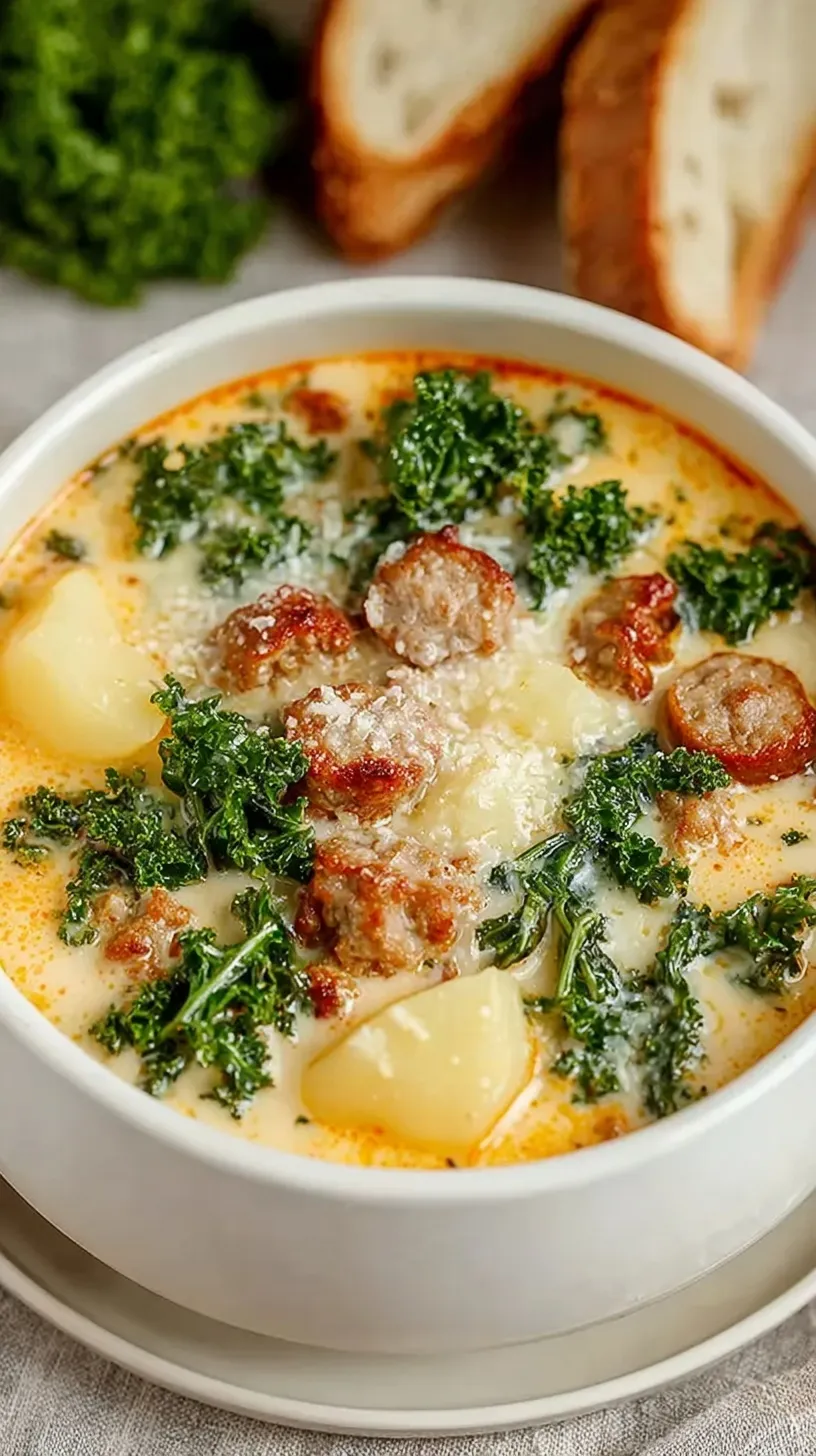A bowl of creamy slow cooker zuppa toscana with kale and sausage