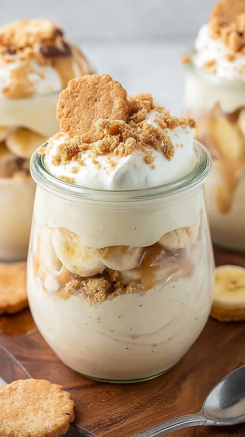 A glass jar filled with layers of creamy vanilla protein pudding, sliced bananas, and vanilla wafers.