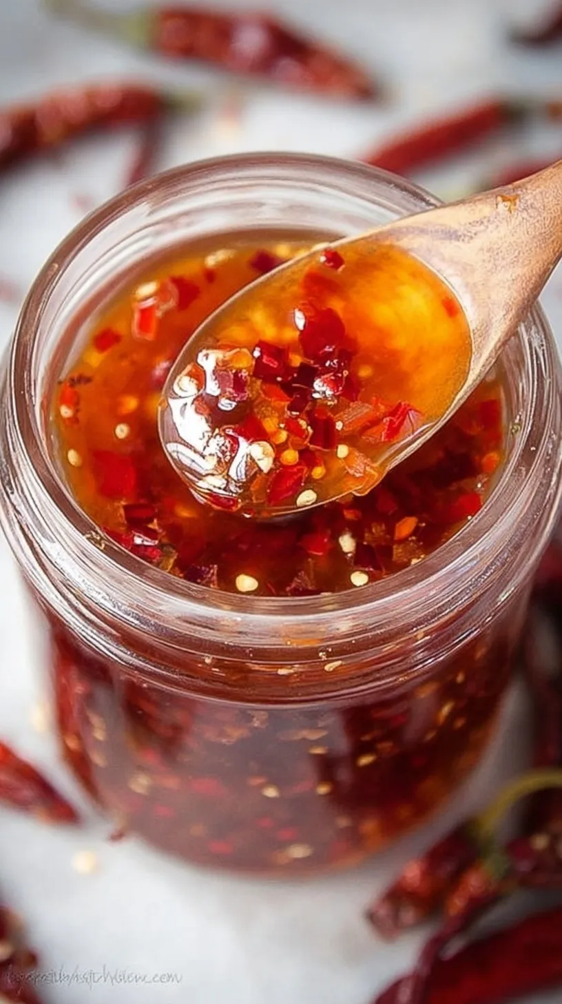 A small glass bowl filled with glossy, vibrant red homemade sweet chili sauce with visible bits of garlic and chili flakes.
