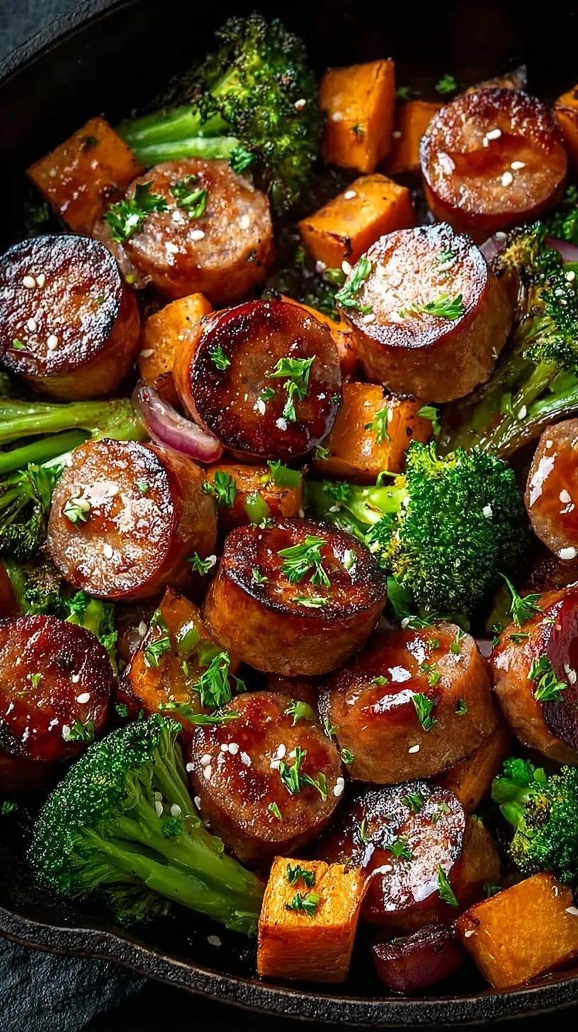 A sheet pan filled with roasted honey garlic sausage, sweet potatoes, and bell peppers garnished with parsley.