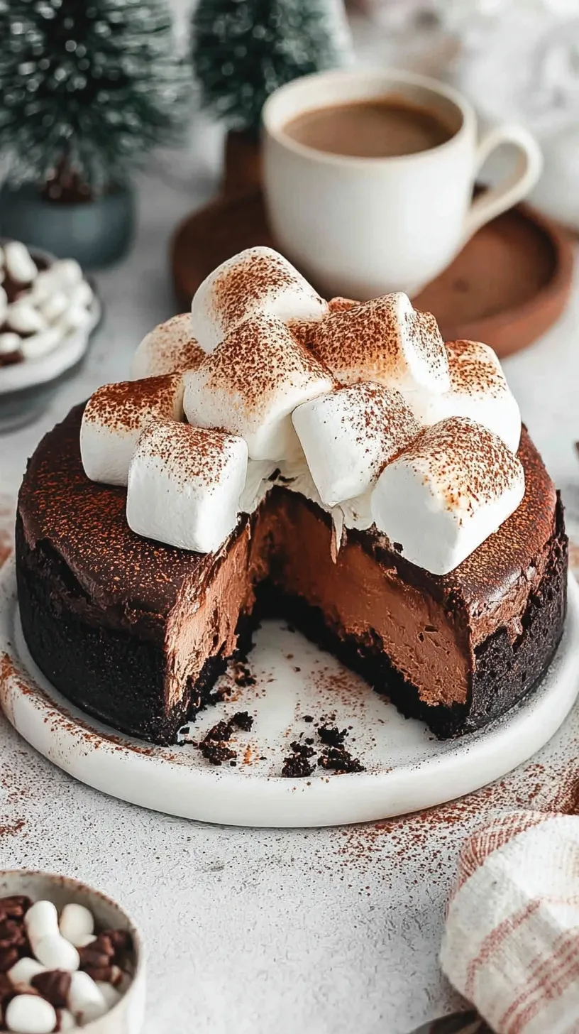 A creamy chocolate cheesecake topped with melted ganache and golden toasted marshmallows.