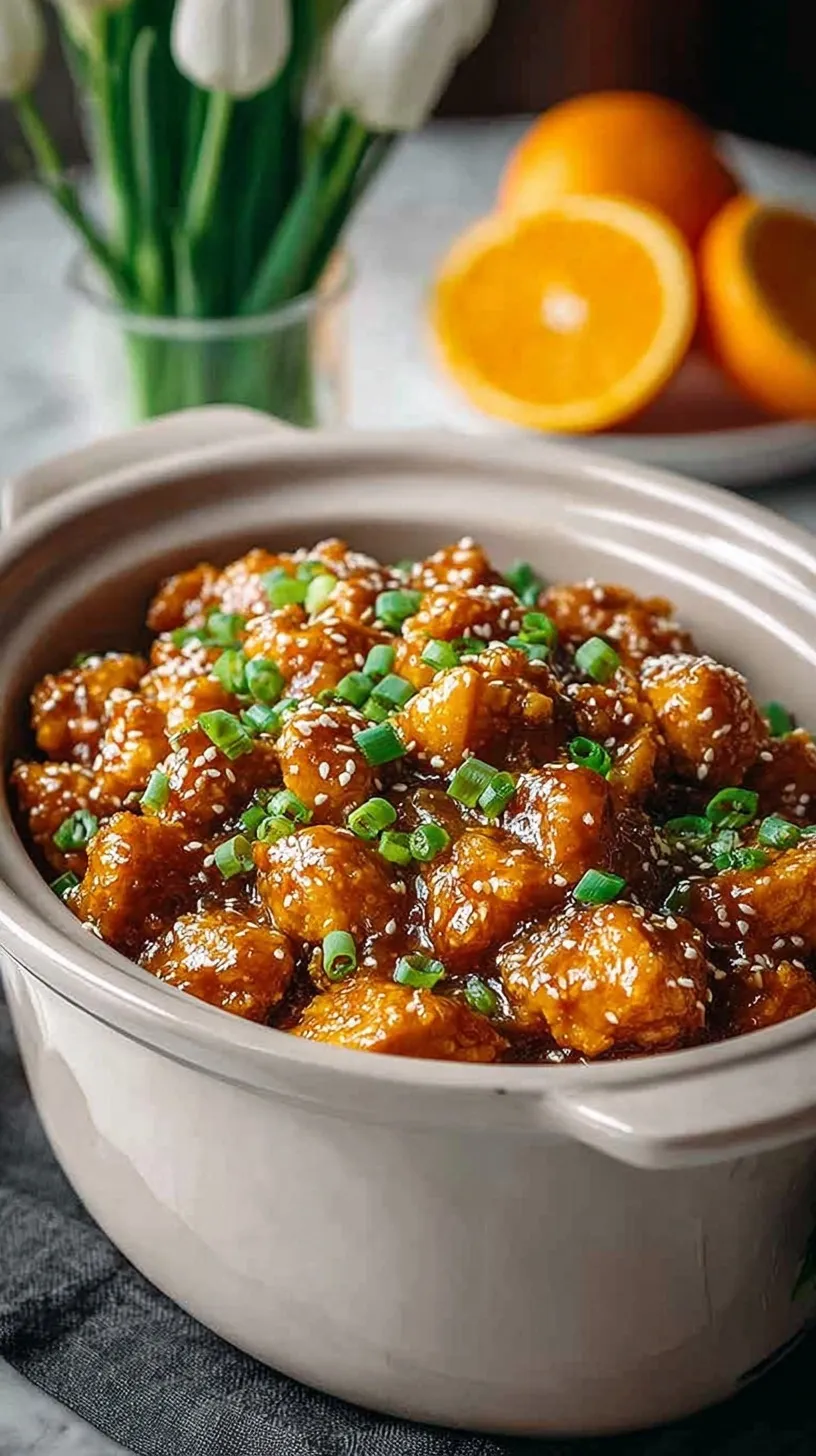 Tender pieces of crockpot orange chicken in a glossy citrus glaze topped with green onions and sesame seeds.