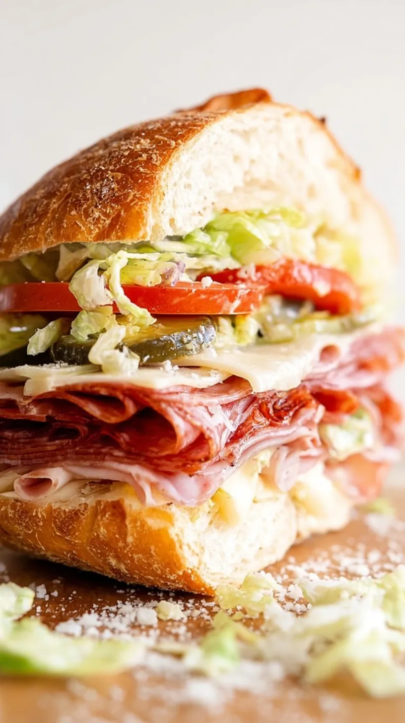 A toasted Italian Grinder Salad Sandwich with melted cheese and creamy chopped lettuce.