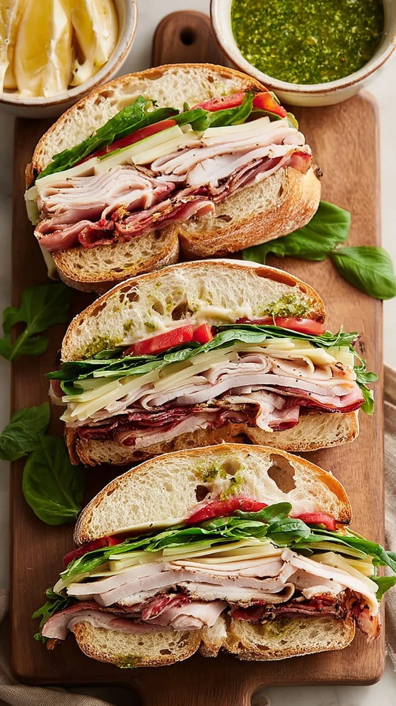A stacked Italian Turkey Club Sandwich on sourdough bread with turkey, cheese, and crispy pancetta