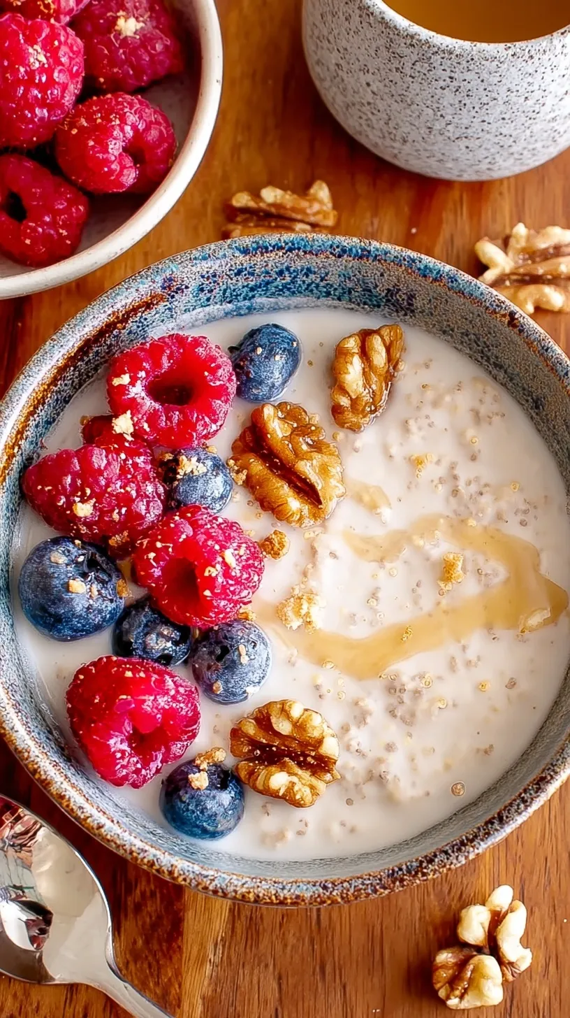 A warm bowl of keto hemp and chia no-atmeal topped with shredded coconut and vanilla.