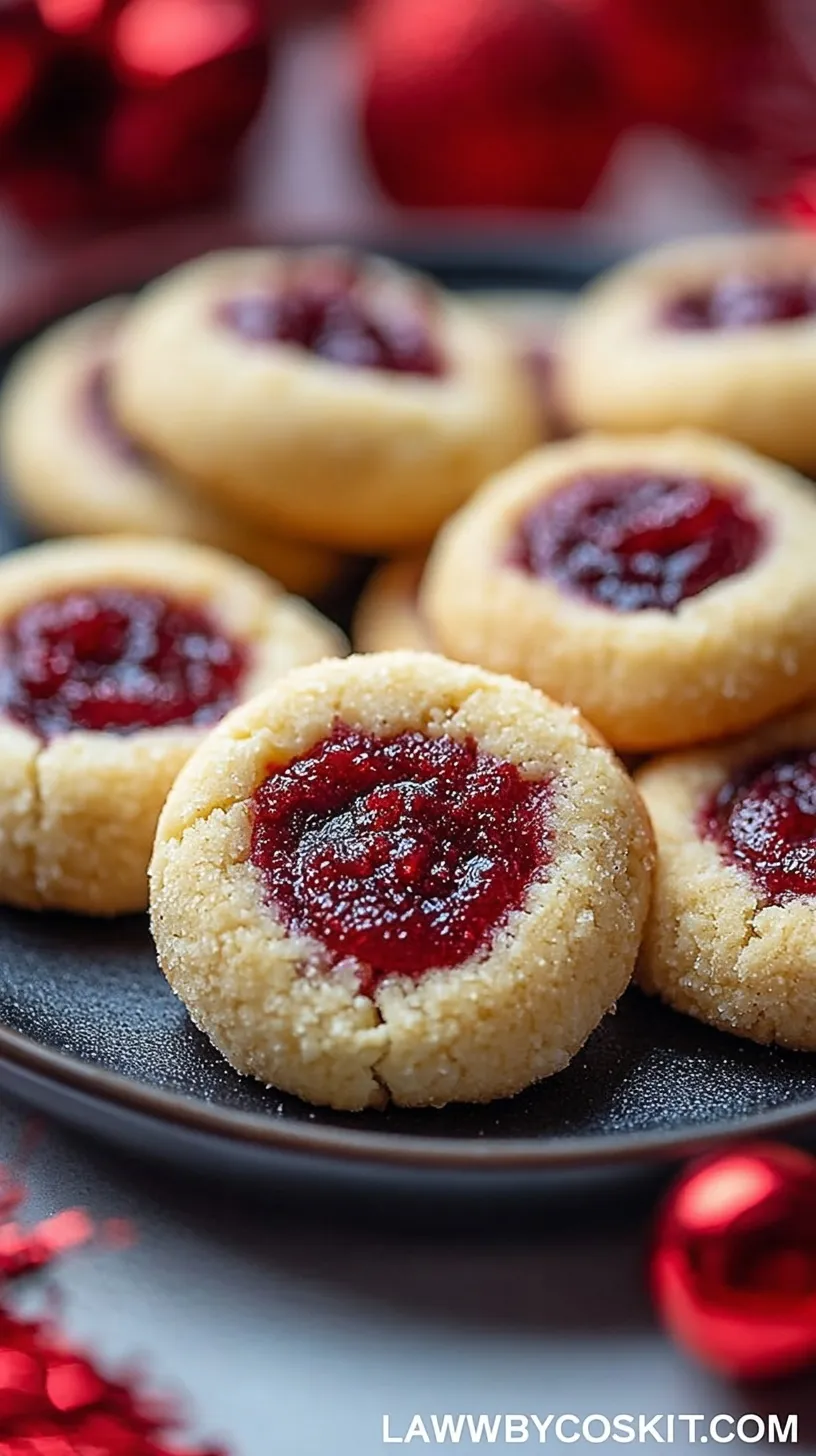 Golden keto thumbprint cookies with red sugar-free jam centers on a baking sheet.